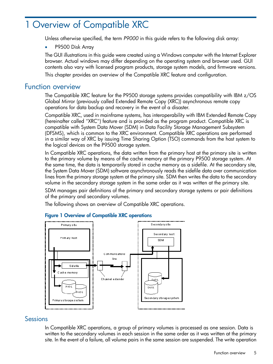 1 overview of compatible xrc, Function overview, Sessions | HP XP P9500 Storage User Manual | Page 5 / 31