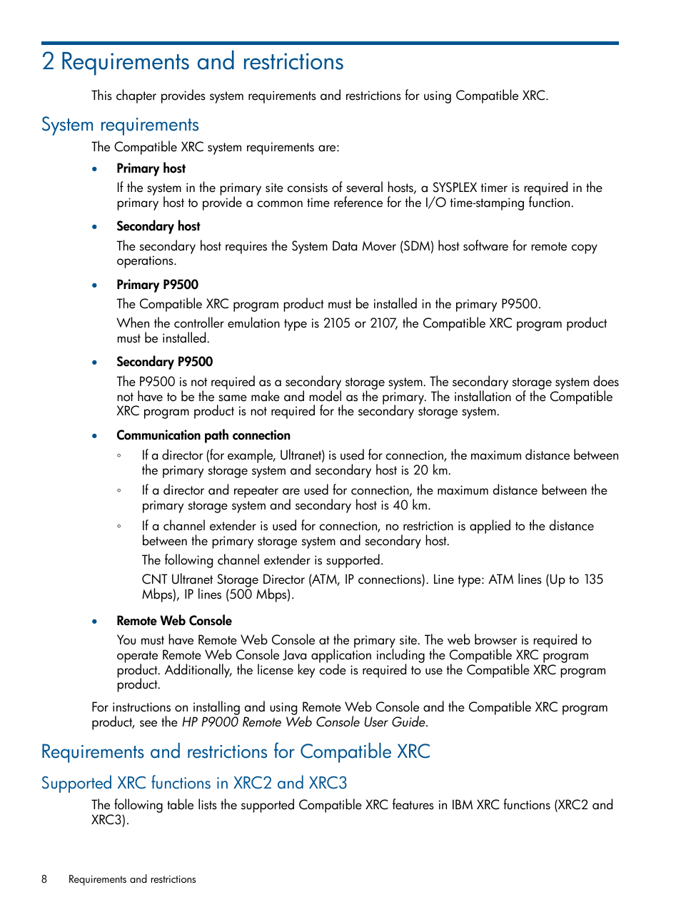 2 requirements and restrictions, System requirements, Requirements and restrictions for compatible xrc | Supported xrc functions in xrc2 and xrc3 | HP XP P9500 Storage User Manual | Page 8 / 31