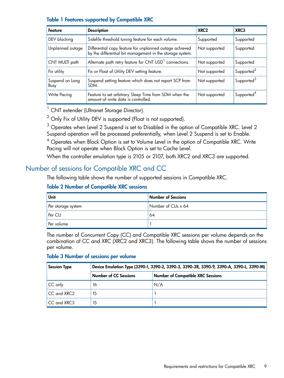 Number of sessions for compatible xrc and cc | HP XP P9500 Storage User Manual | Page 9 / 31