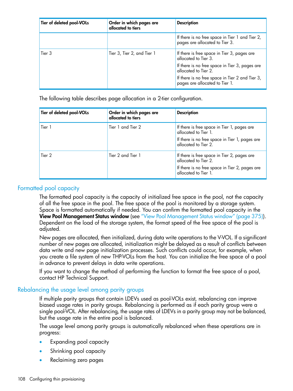 Formatted pool capacity, Rebalancing the usage level among parity groups | HP XP Racks User Manual | Page 108 / 486
