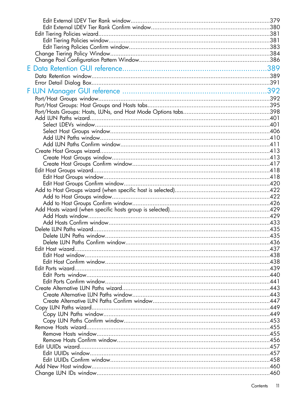 E data retention gui reference, F lun manager gui reference | HP XP Racks User Manual | Page 11 / 486