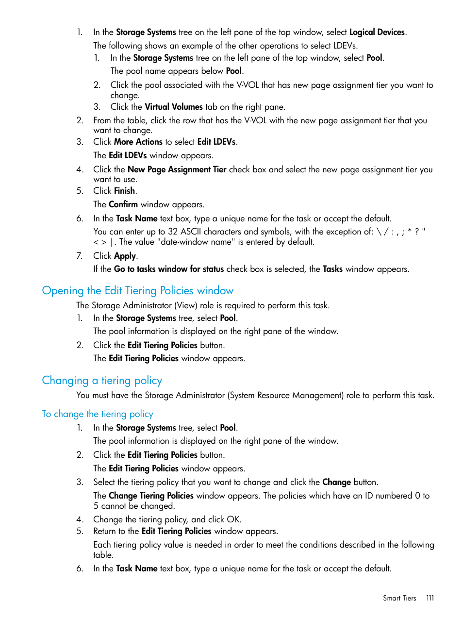 Opening the edit tiering policies window, Changing a tiering policy, To change the tiering policy | HP XP Racks User Manual | Page 111 / 486