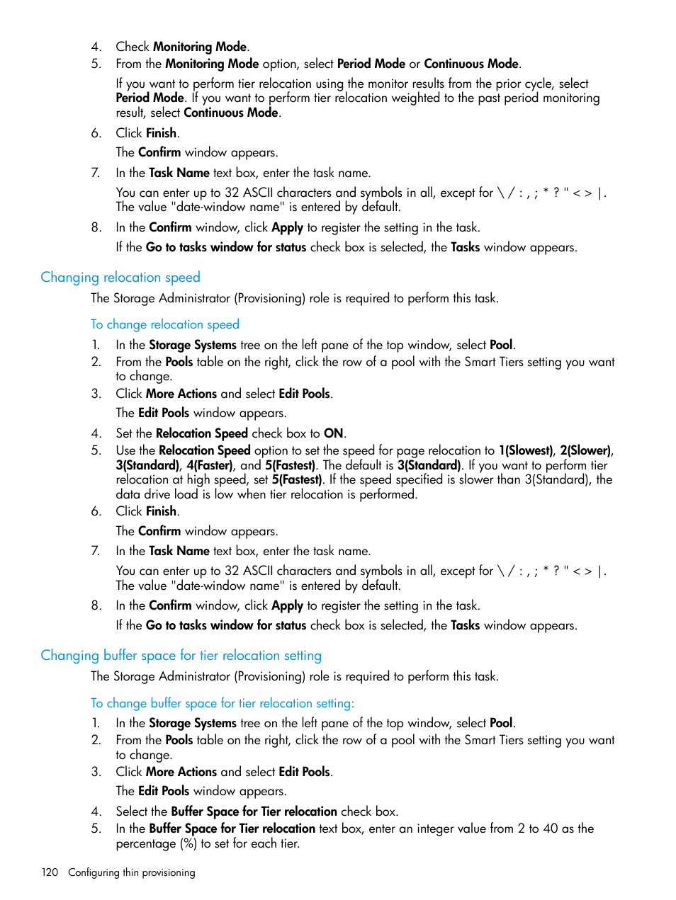 Changing relocation speed, Changing buffer space for tier relocation setting | HP XP Racks User Manual | Page 120 / 486