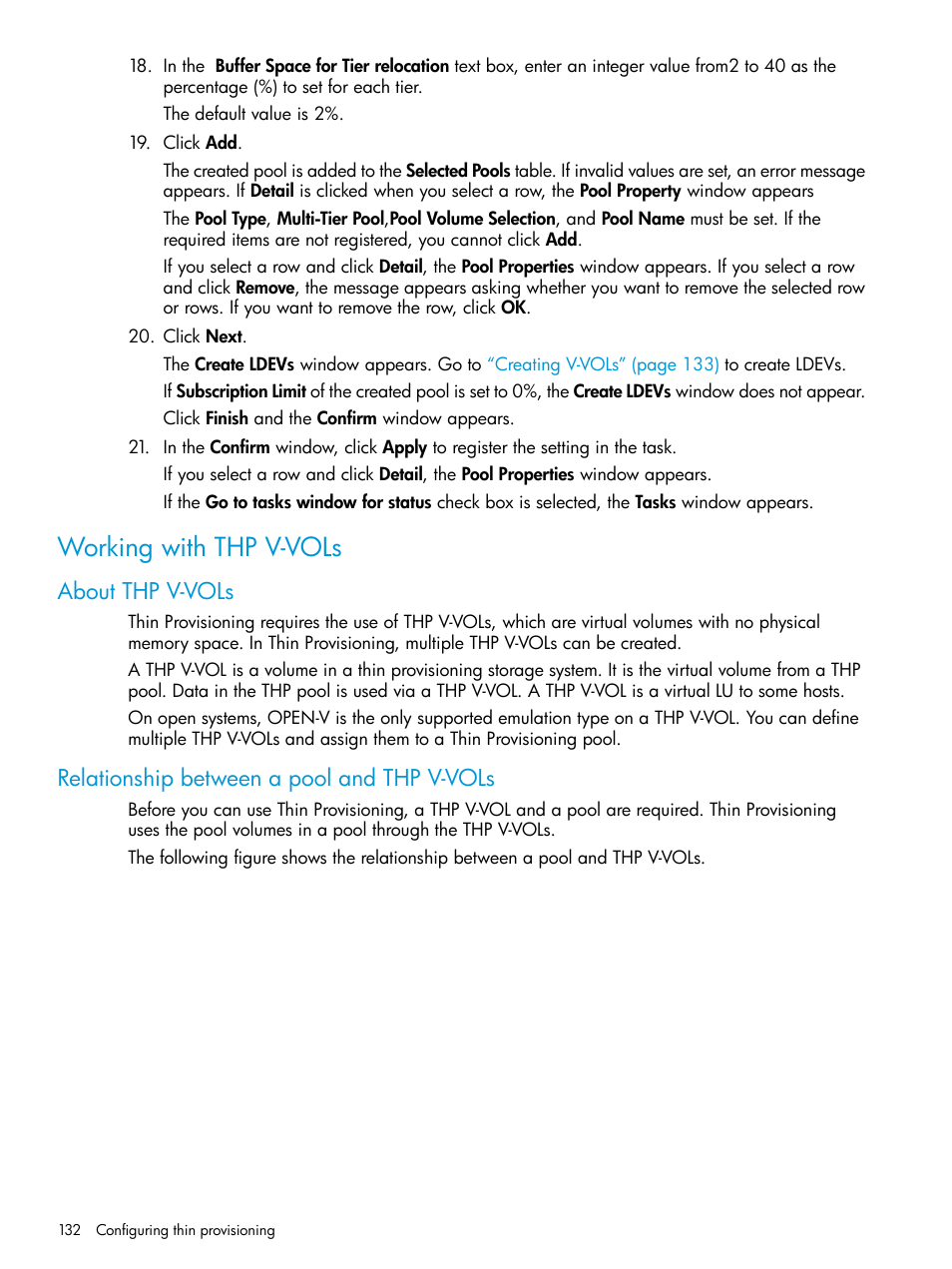 Working with thp v-vols, About thp v-vols, Relationship between a pool and thp v-vols | HP XP Racks User Manual | Page 132 / 486