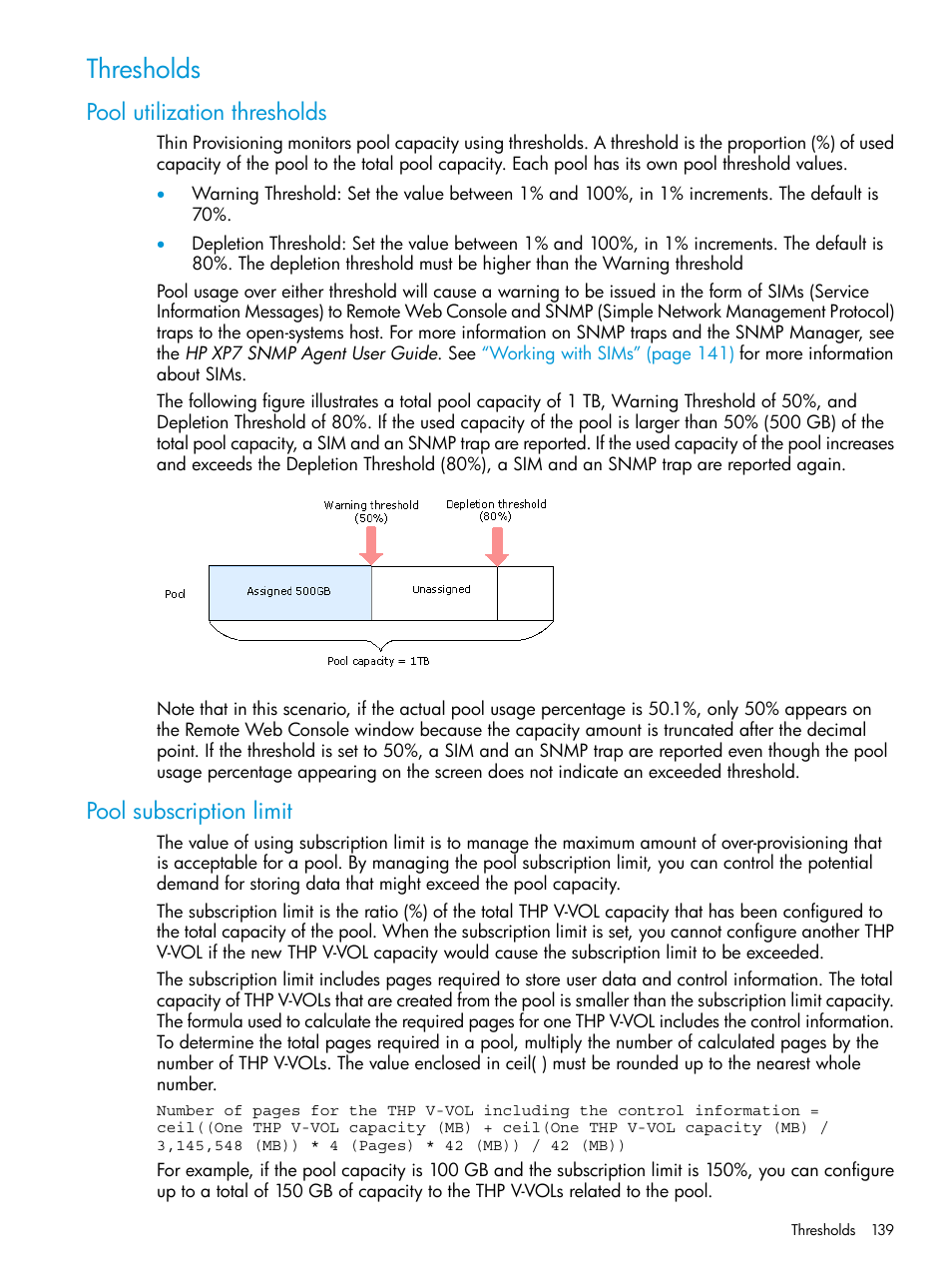 Thresholds, Pool utilization thresholds, Pool subscription limit | HP XP Racks User Manual | Page 139 / 486