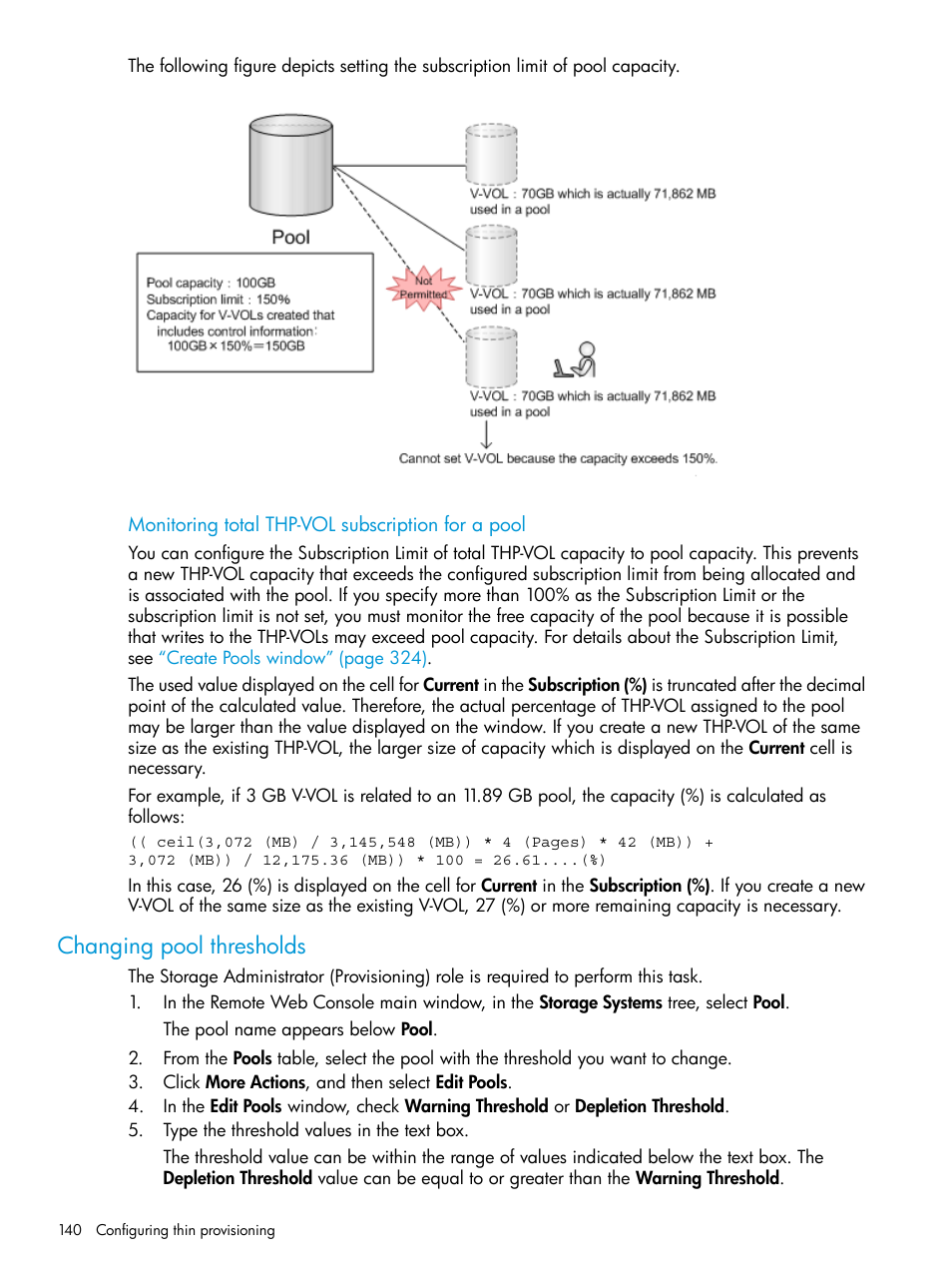 Changing pool thresholds | HP XP Racks User Manual | Page 140 / 486