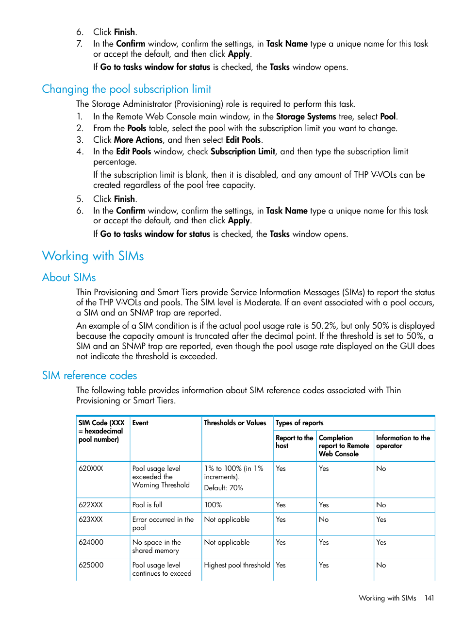Changing the pool subscription limit, Working with sims, About sims | Sim reference codes, About sims sim reference codes | HP XP Racks User Manual | Page 141 / 486