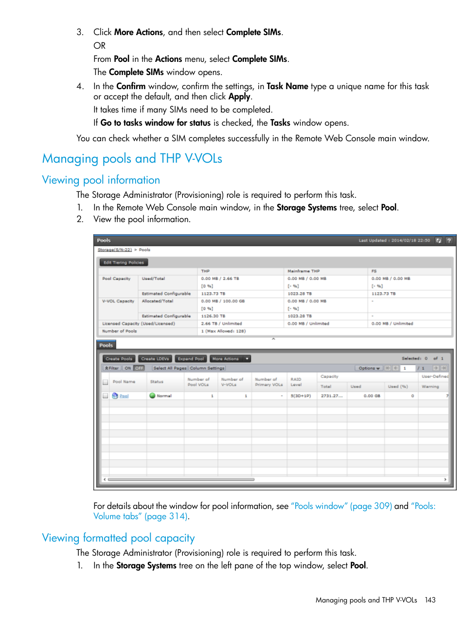 Managing pools and thp v-vols, Viewing pool information, Viewing formatted pool capacity | HP XP Racks User Manual | Page 143 / 486