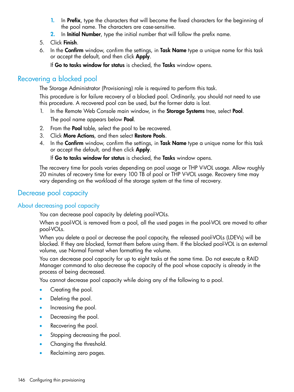 Recovering a blocked pool, Decrease pool capacity, About decreasing pool capacity | Recovering a blocked pool decrease pool capacity | HP XP Racks User Manual | Page 146 / 486