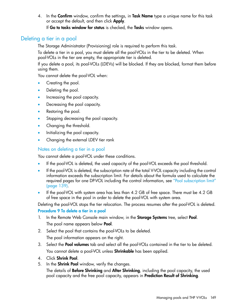 Deleting a tier in a pool | HP XP Racks User Manual | Page 149 / 486