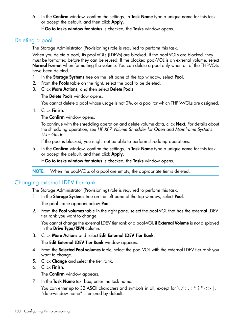 Deleting a pool, Changing external ldev tier rank, Deleting a pool changing external ldev tier rank | HP XP Racks User Manual | Page 150 / 486