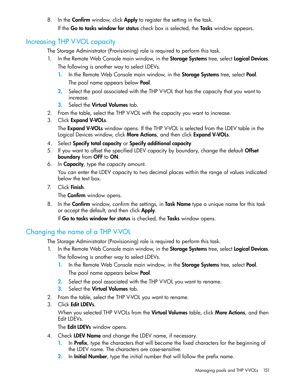 Increasing thp v-vol capacity, Changing the name of a thp v-vol | HP XP Racks User Manual | Page 151 / 486