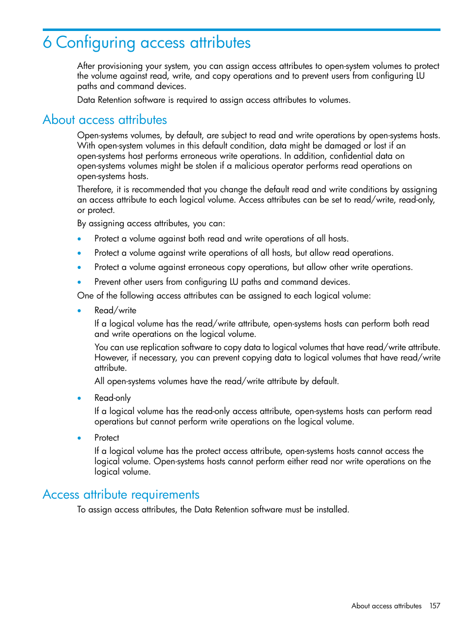 6 configuring access attributes, About access attributes, Access attribute requirements | HP XP Racks User Manual | Page 157 / 486