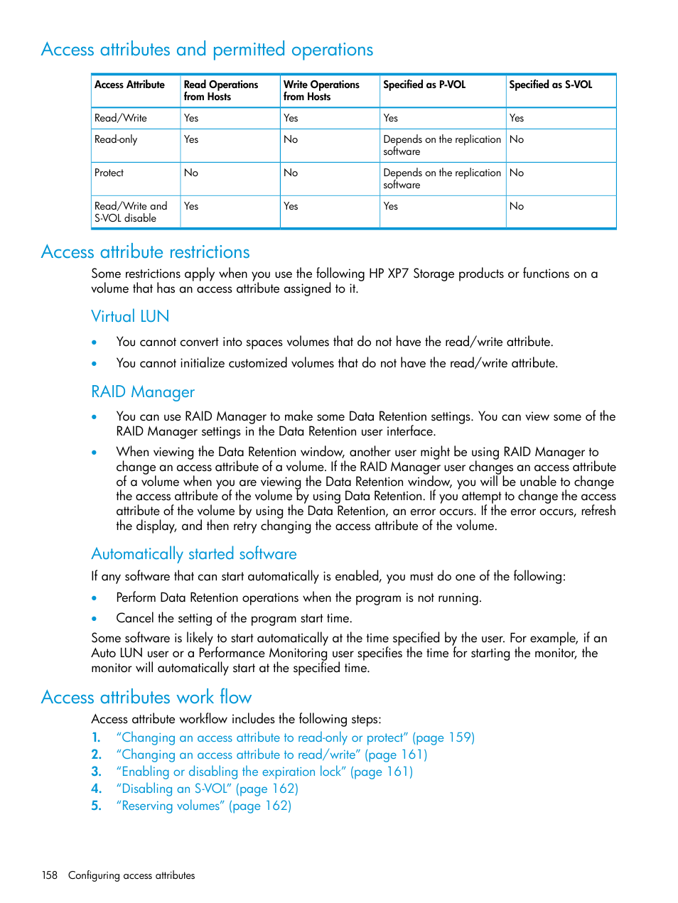 Access attributes and permitted operations, Access attribute restrictions, Access attributes work flow | Virtual lun, Raid manager, Automatically started software | HP XP Racks User Manual | Page 158 / 486
