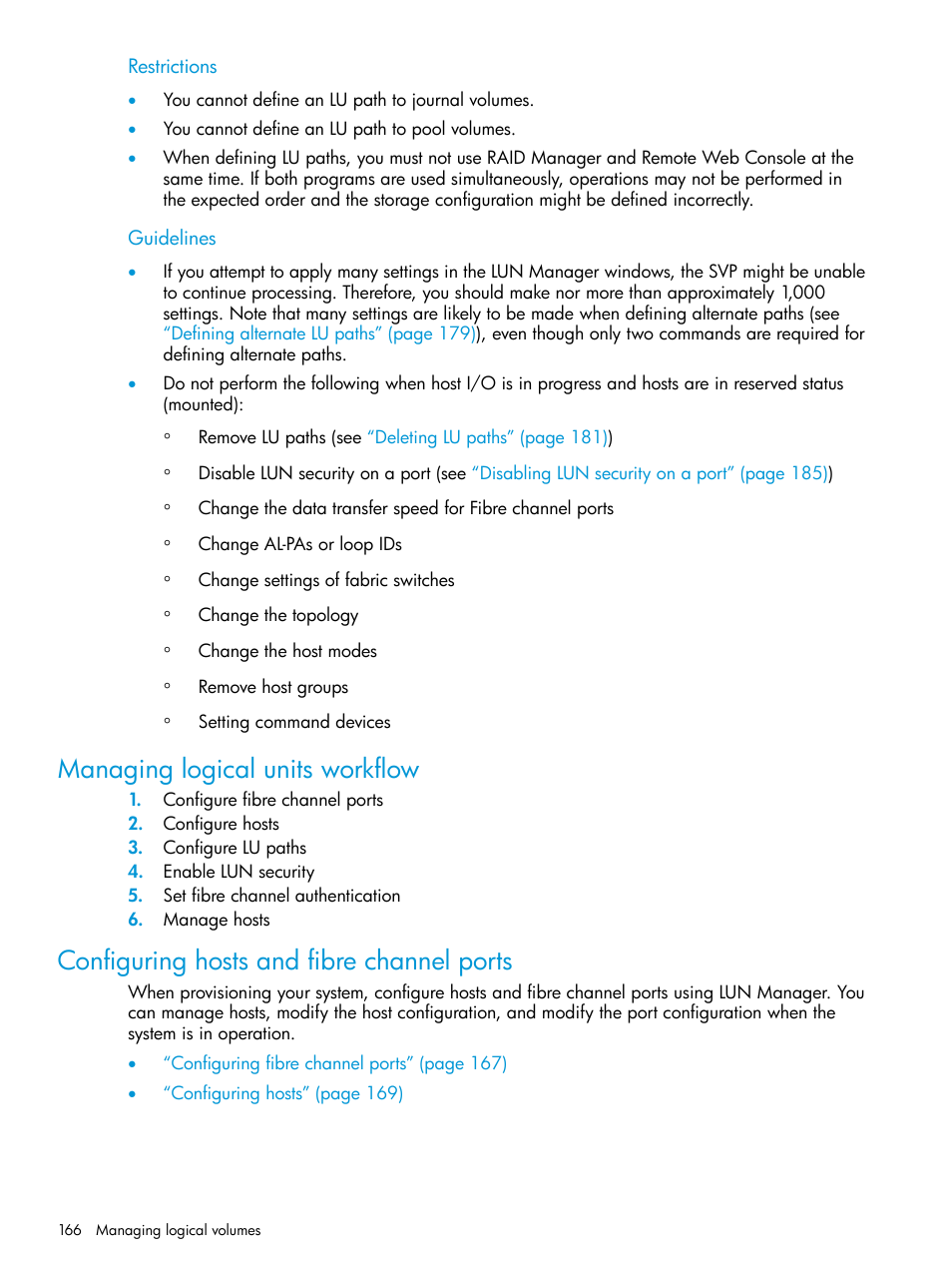 Managing logical units workflow, Configuring hosts and fibre channel ports | HP XP Racks User Manual | Page 166 / 486