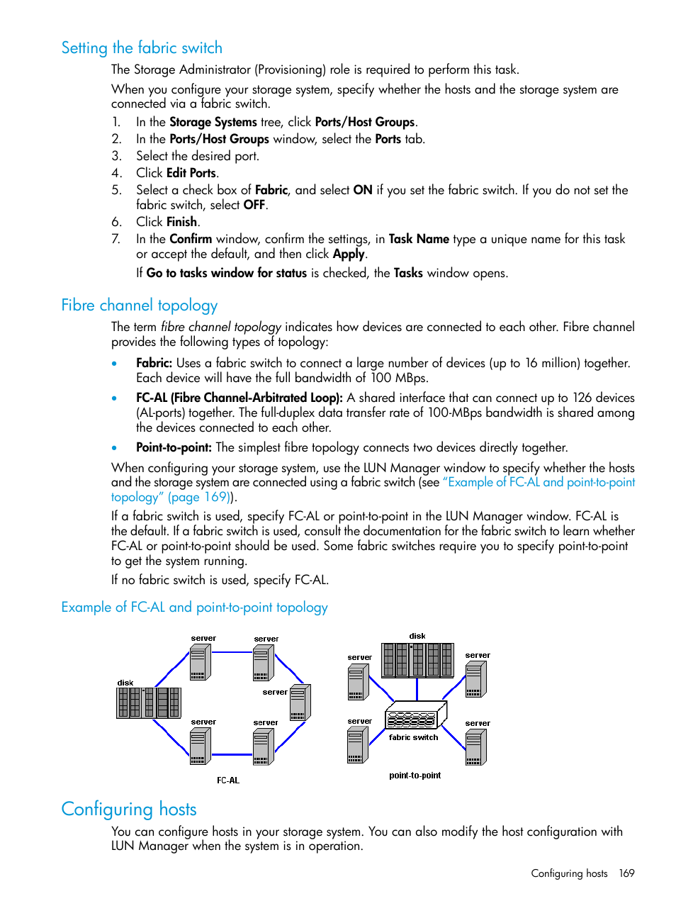 Setting the fabric switch, Fibre channel topology, Example of fc-al and point-to-point topology | Configuring hosts, Setting the fabric switch fibre channel topology | HP XP Racks User Manual | Page 169 / 486