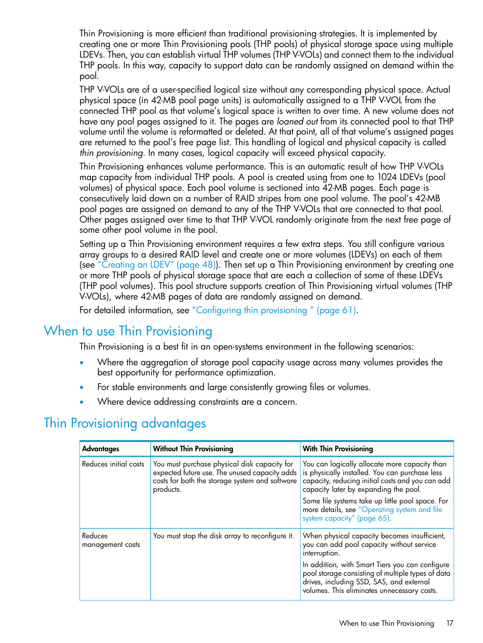 When to use thin provisioning, Thin provisioning advantages | HP XP Racks User Manual | Page 17 / 486
