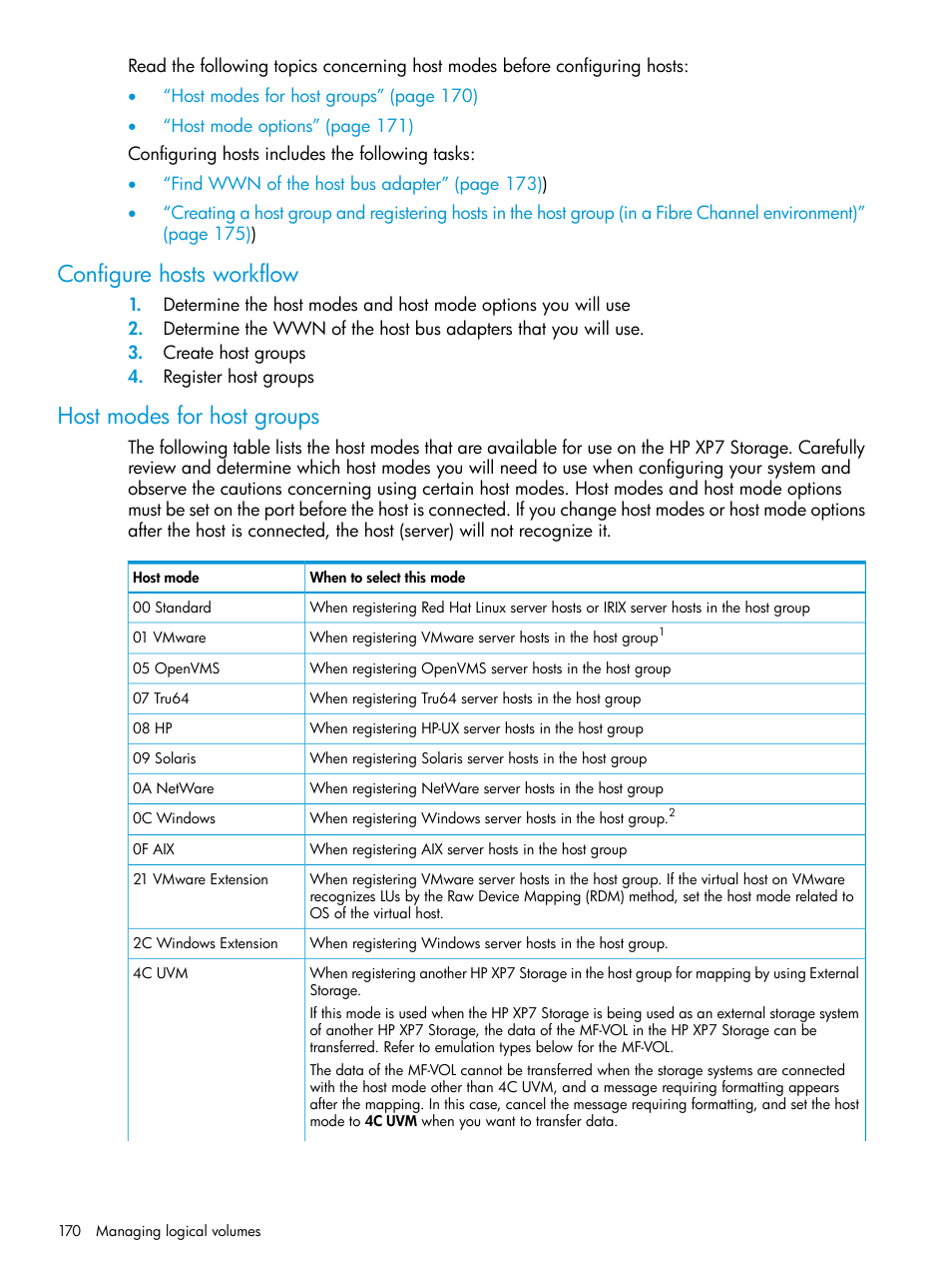 Configure hosts workflow, Host modes for host groups | HP XP Racks User Manual | Page 170 / 486