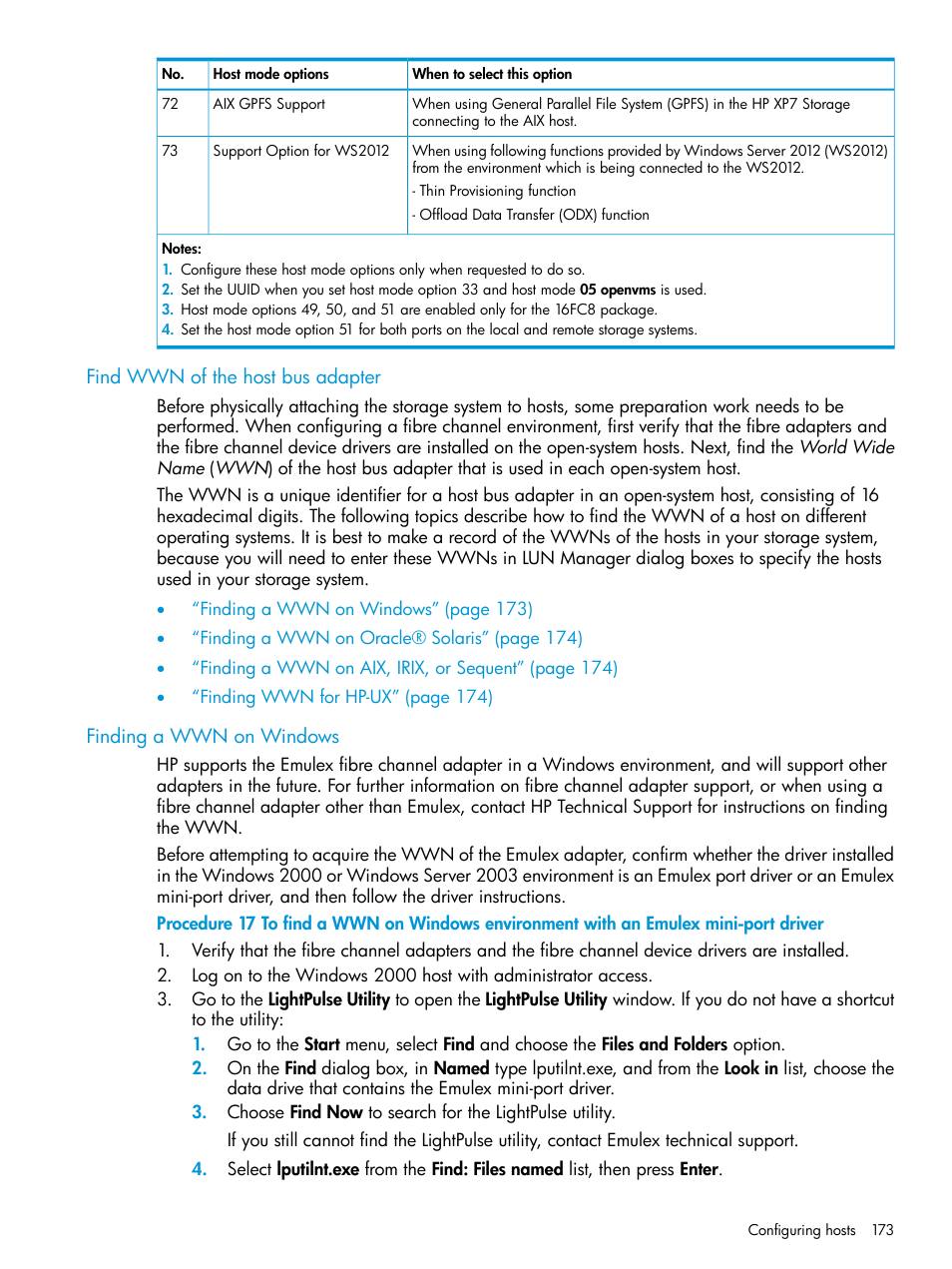 Find wwn of the host bus adapter, Finding a wwn on windows | HP XP Racks User Manual | Page 173 / 486
