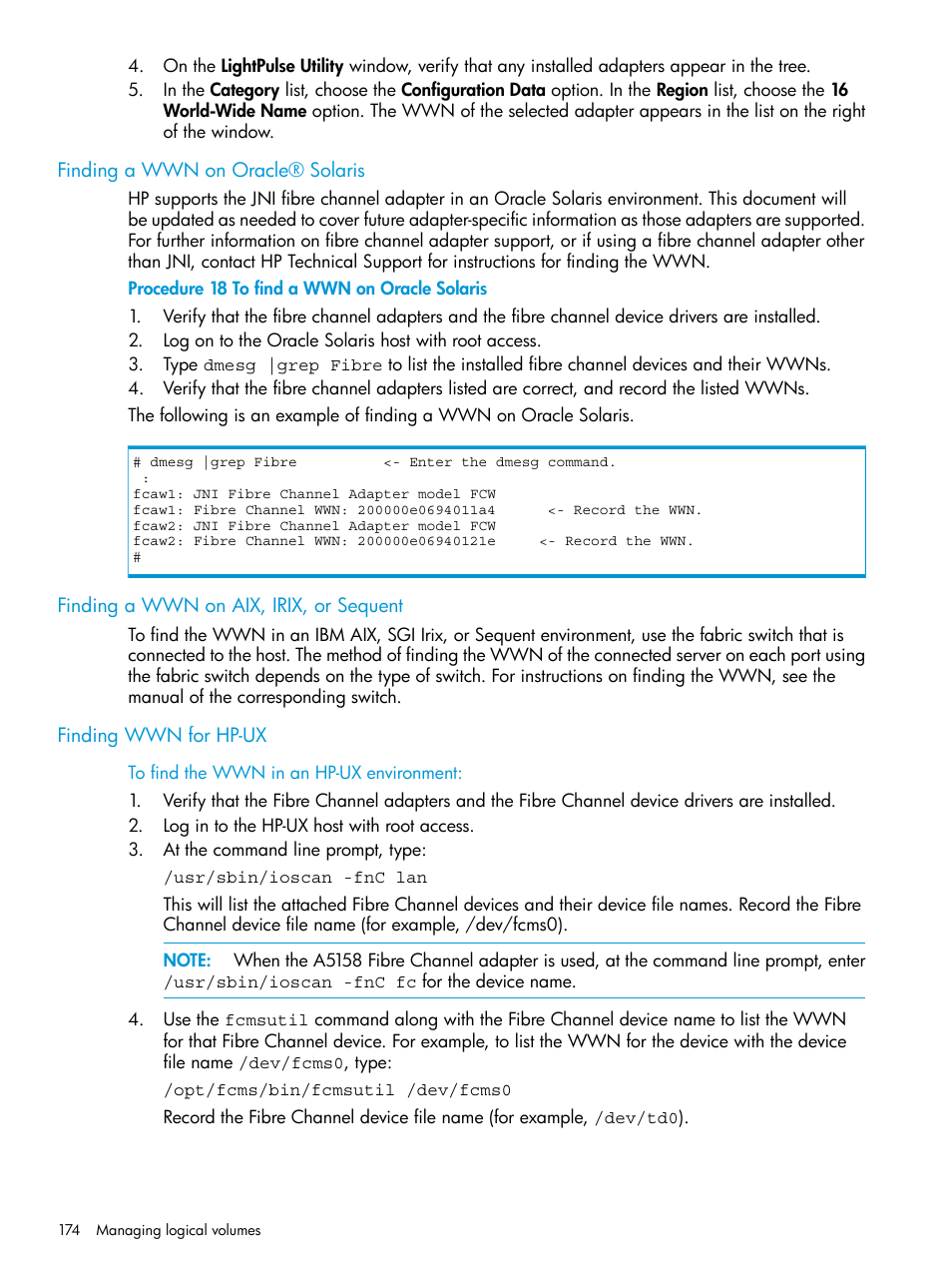 Finding a wwn on oracle® solaris, Finding a wwn on aix, irix, or sequent, Finding wwn for hp-ux | HP XP Racks User Manual | Page 174 / 486