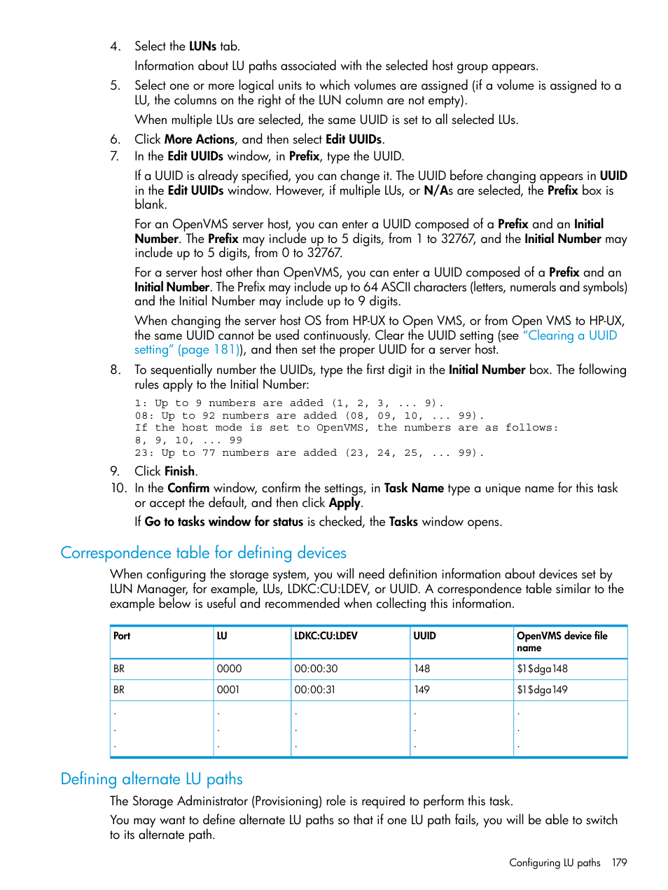 Correspondence table for defining devices, Defining alternate lu paths | HP XP Racks User Manual | Page 179 / 486