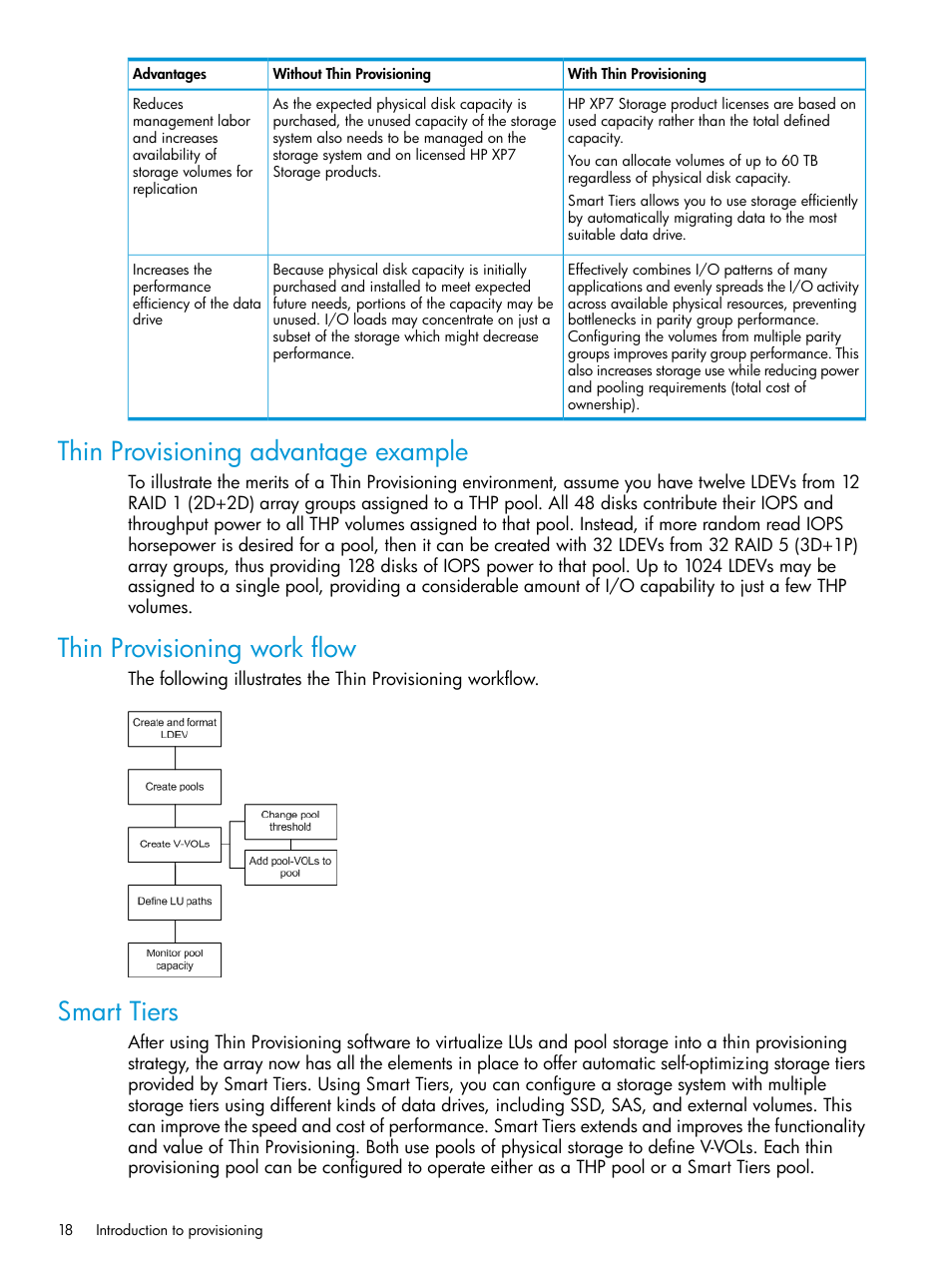 Thin provisioning advantage example, Thin provisioning work flow, Smart tiers | HP XP Racks User Manual | Page 18 / 486