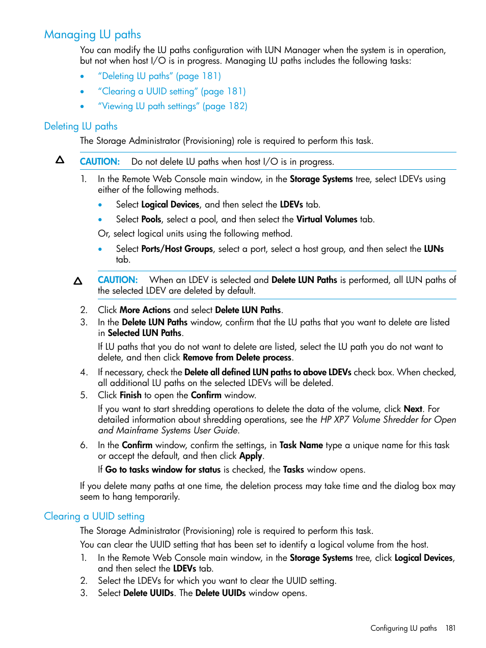 Managing lu paths, Deleting lu paths, Clearing a uuid setting | Deleting lu paths clearing a uuid setting | HP XP Racks User Manual | Page 181 / 486