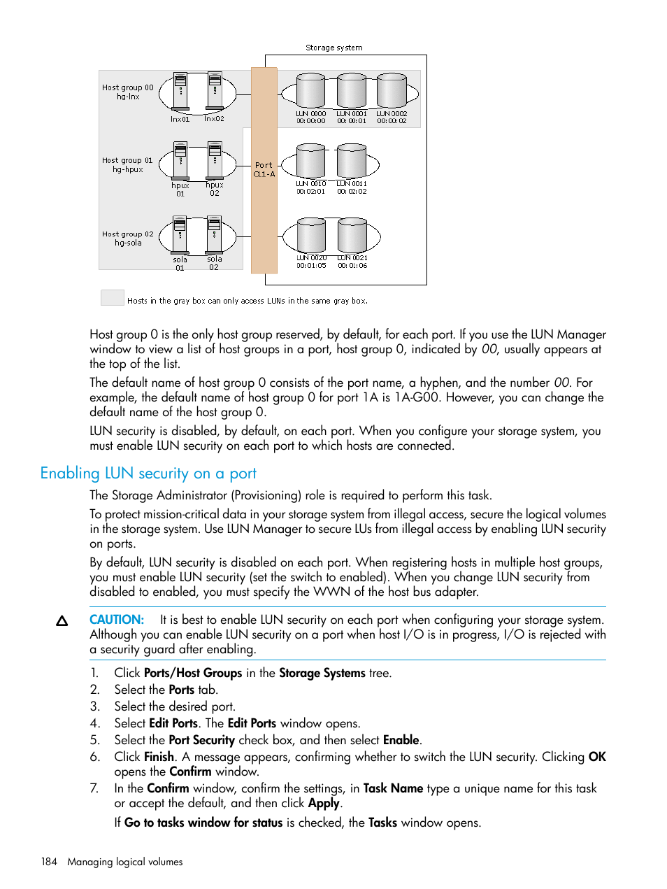 Enabling lun security on a port | HP XP Racks User Manual | Page 184 / 486