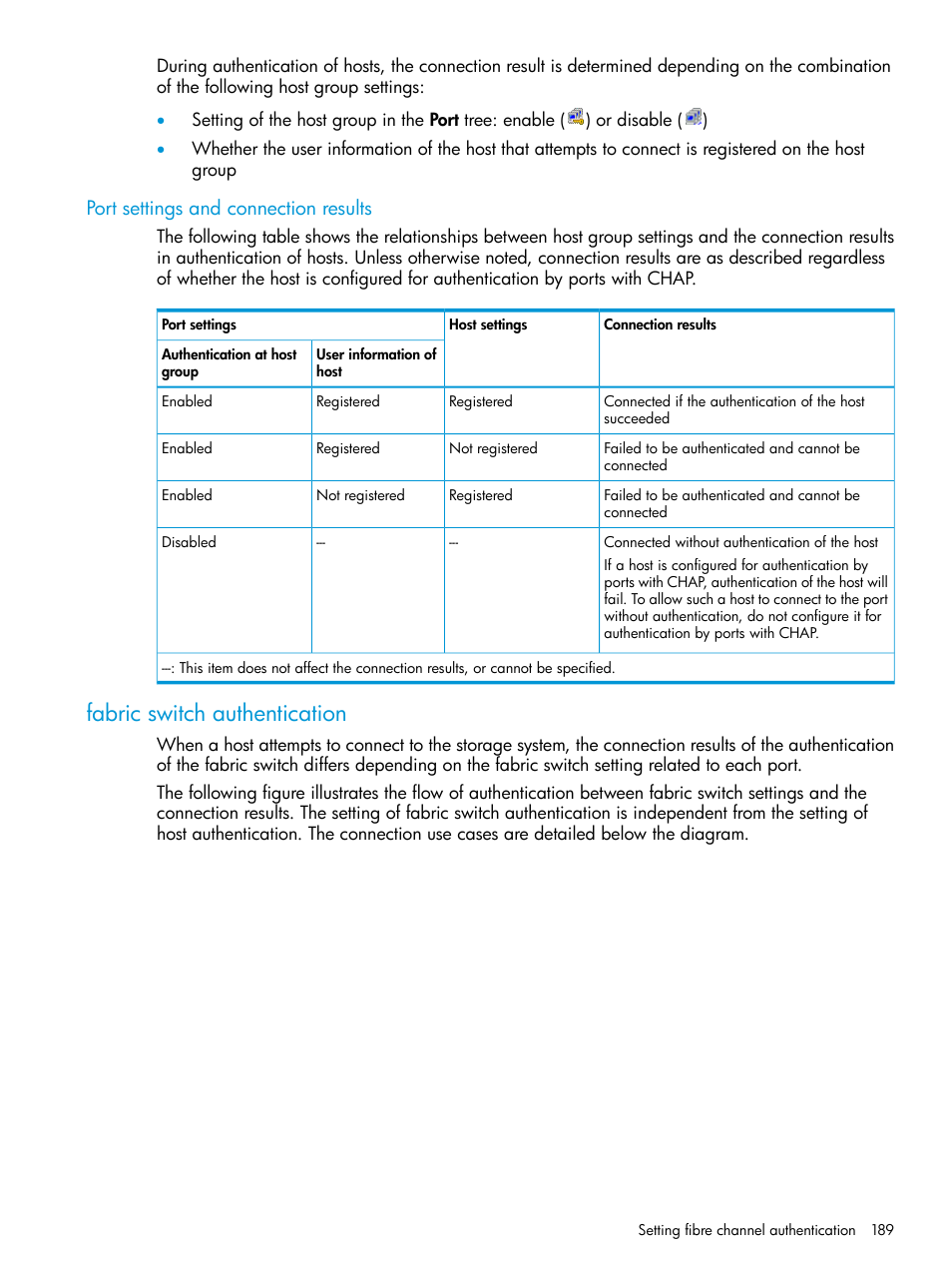 Port settings and connection results, Fabric switch authentication | HP XP Racks User Manual | Page 189 / 486