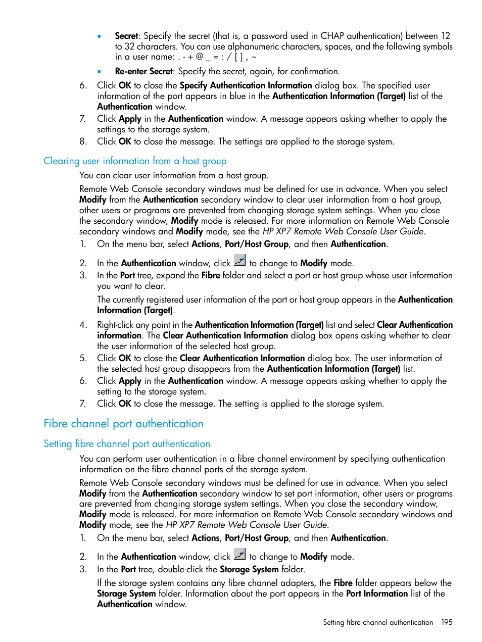 Clearing user information from a host group, Fibre channel port authentication, Setting fibre channel port authentication | HP XP Racks User Manual | Page 195 / 486