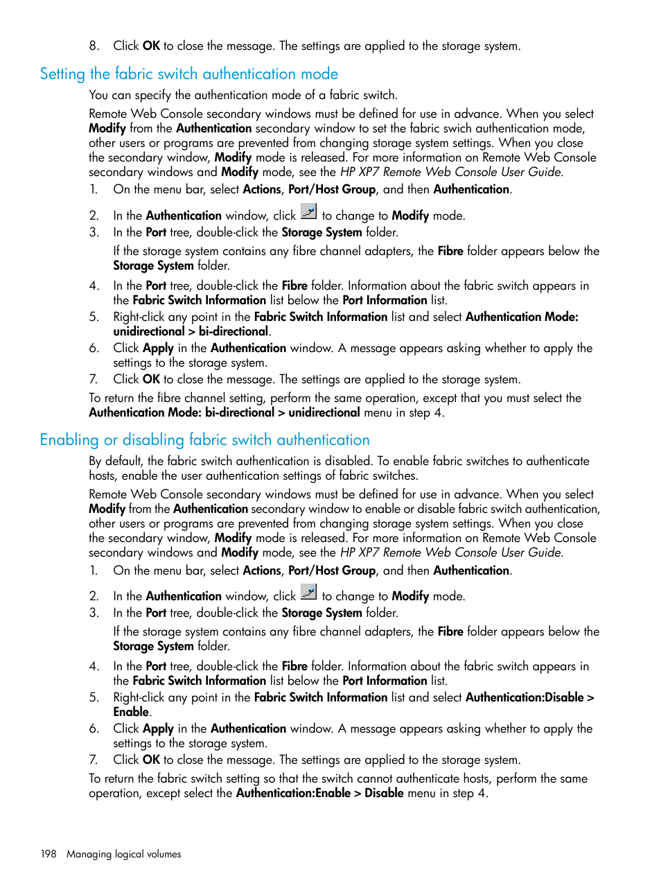 Setting the fabric switch authentication mode, Enabling or disabling fabric switch authentication | HP XP Racks User Manual | Page 198 / 486