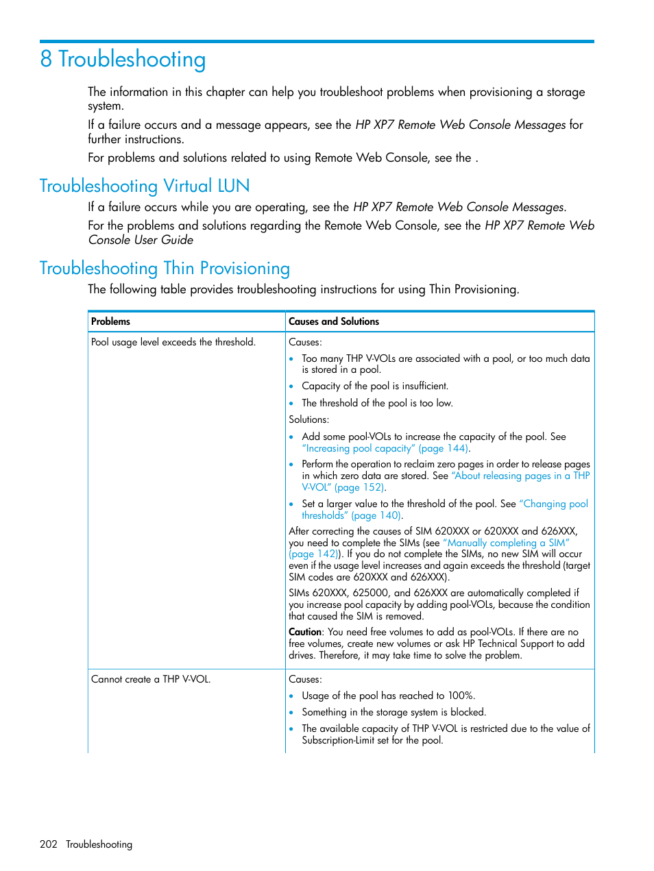 8 troubleshooting, Troubleshooting virtual lun, Troubleshooting thin provisioning | HP XP Racks User Manual | Page 202 / 486