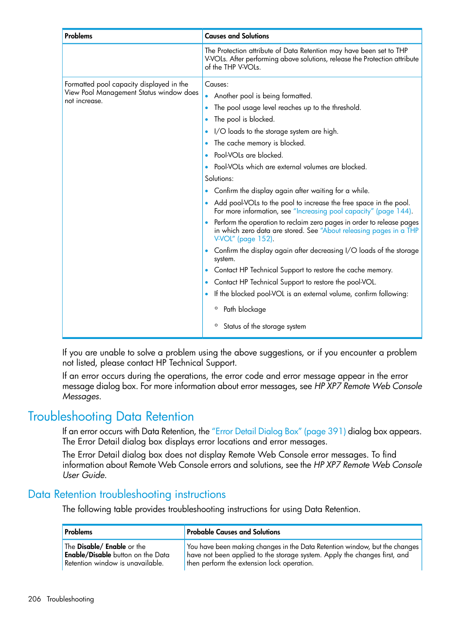 Troubleshooting data retention, Data retention troubleshooting instructions | HP XP Racks User Manual | Page 206 / 486