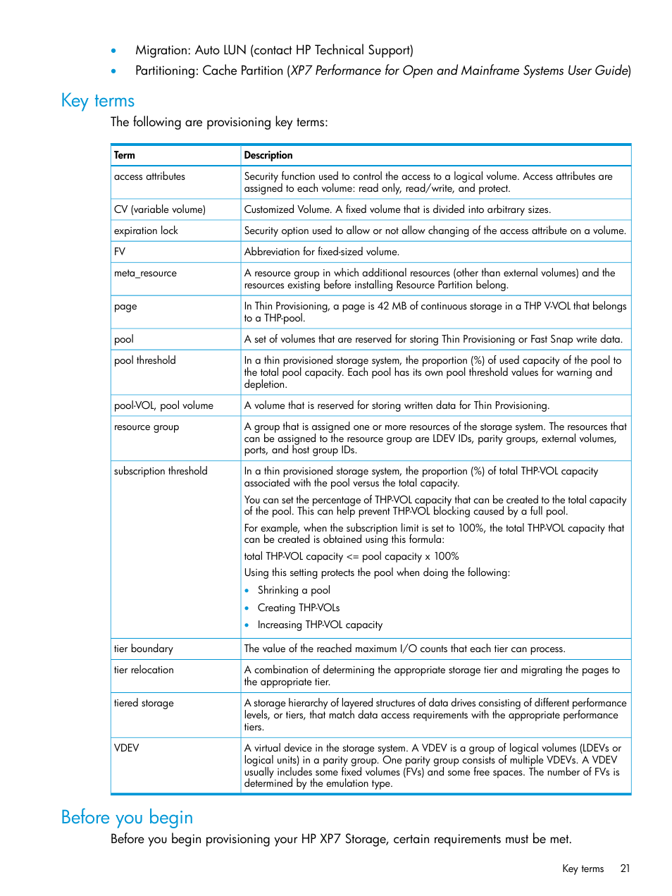 Key terms, Before you begin, Key terms before you begin | HP XP Racks User Manual | Page 21 / 486