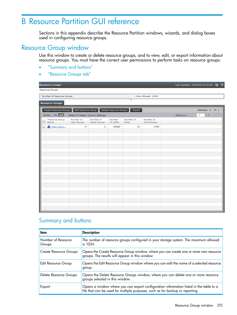 B resource partition gui reference, Resource group window, Summary and buttons | HP XP Racks User Manual | Page 215 / 486