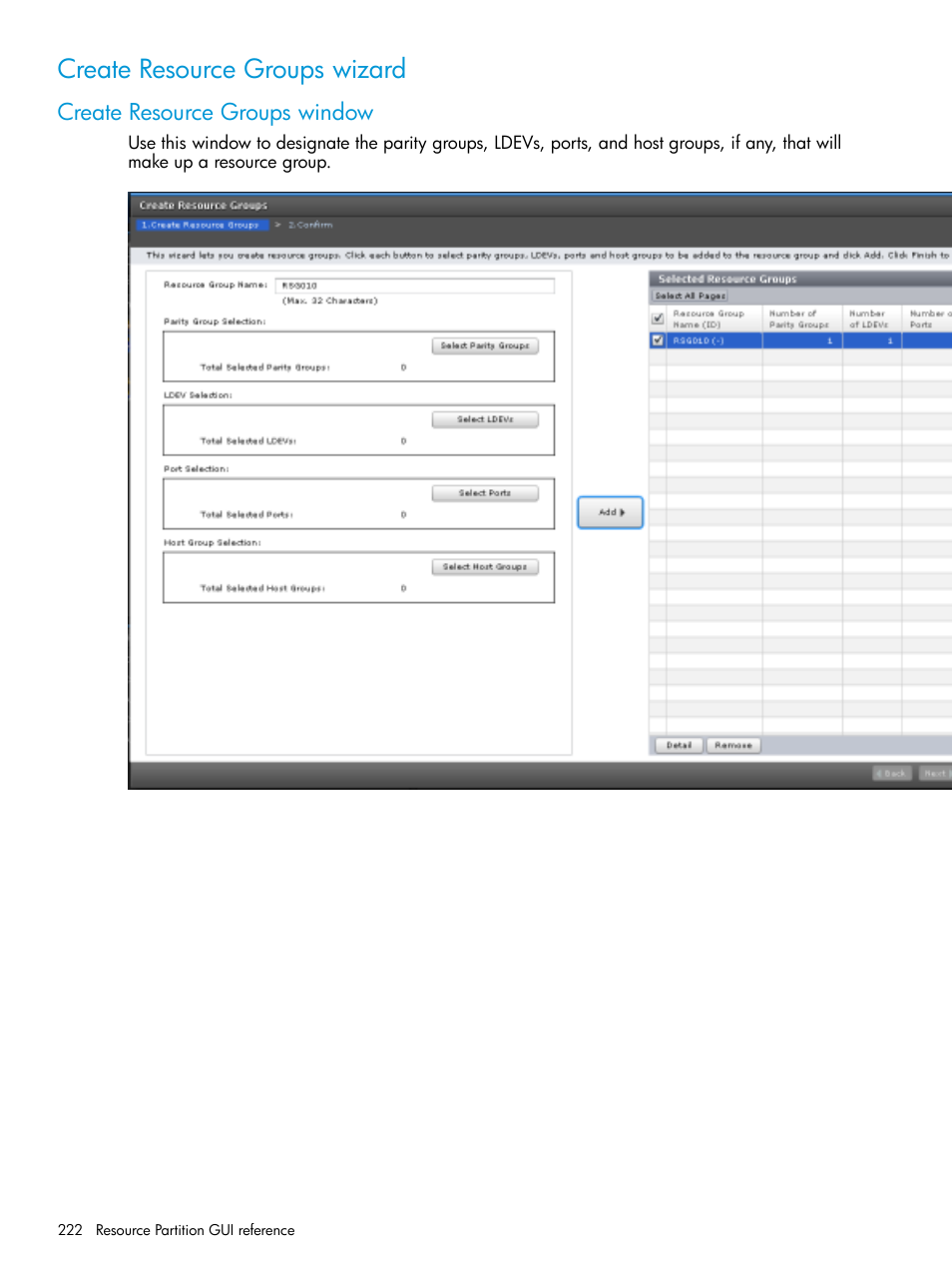 Create resource groups wizard, Create resource groups window | HP XP Racks User Manual | Page 222 / 486