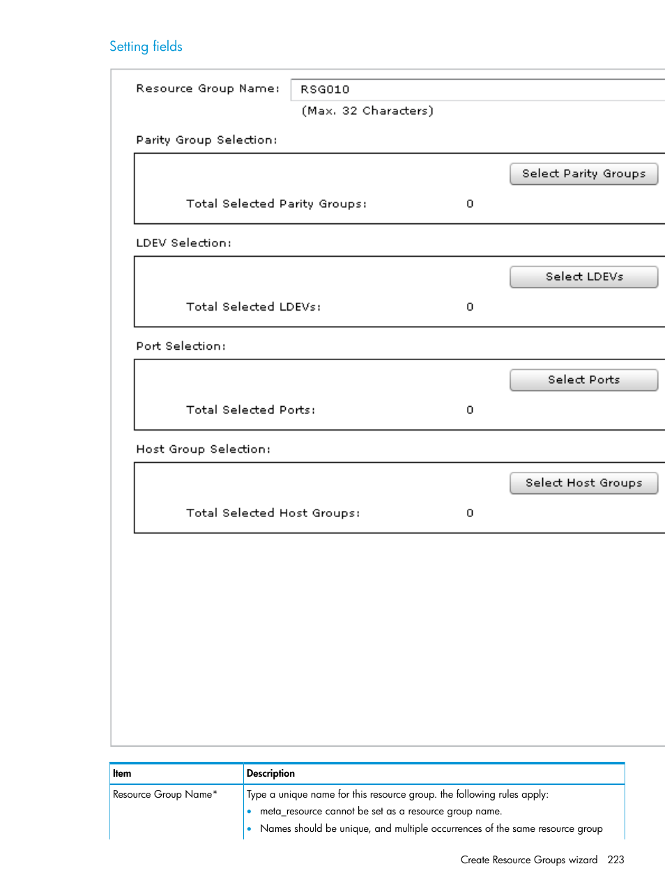 Setting fields | HP XP Racks User Manual | Page 223 / 486