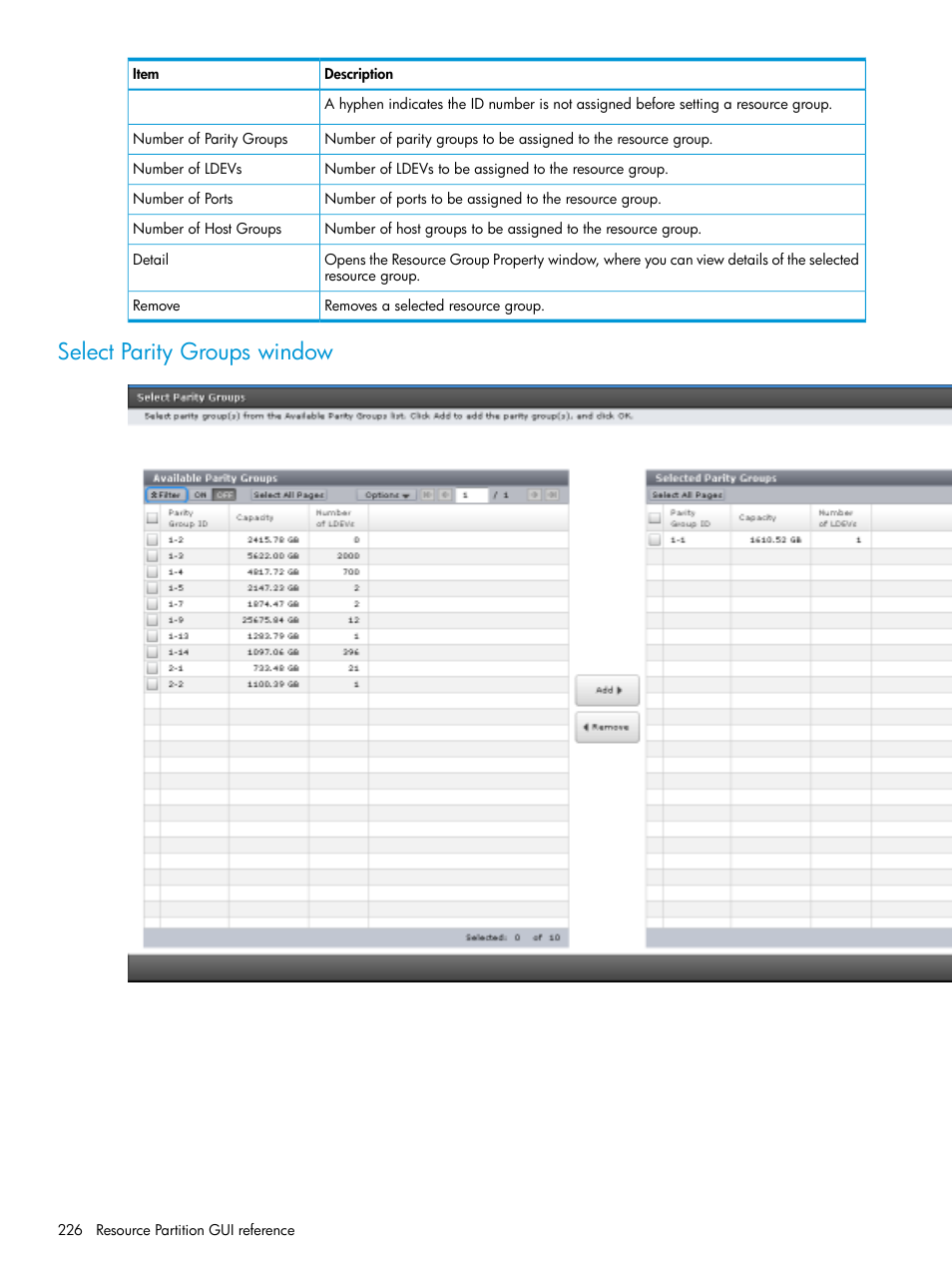 Select parity groups window | HP XP Racks User Manual | Page 226 / 486