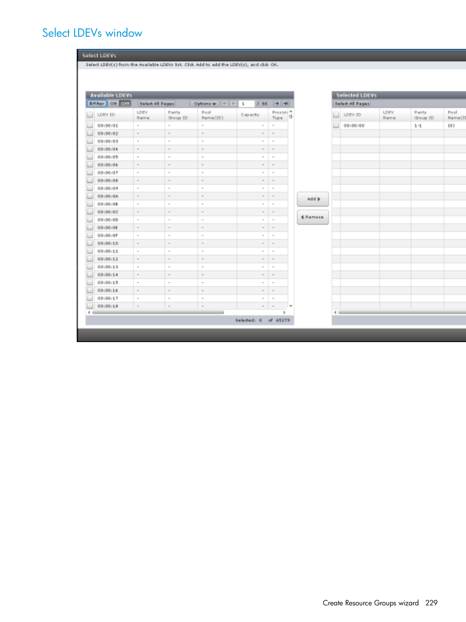 Select ldevs window | HP XP Racks User Manual | Page 229 / 486