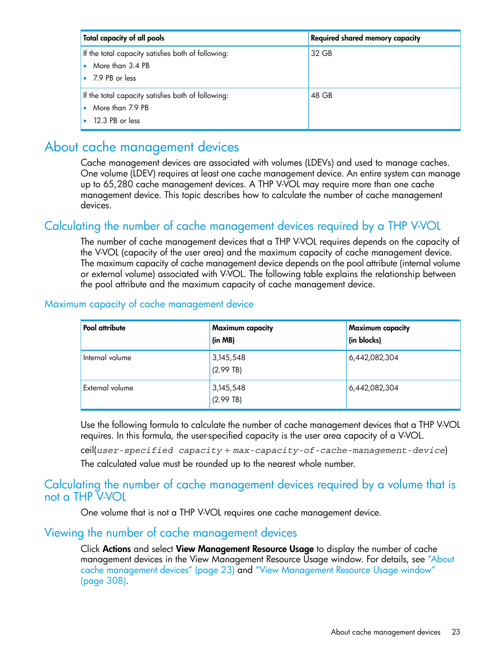 About cache management devices, Maximum capacity of cache management device, Viewing the number of cache management devices | HP XP Racks User Manual | Page 23 / 486
