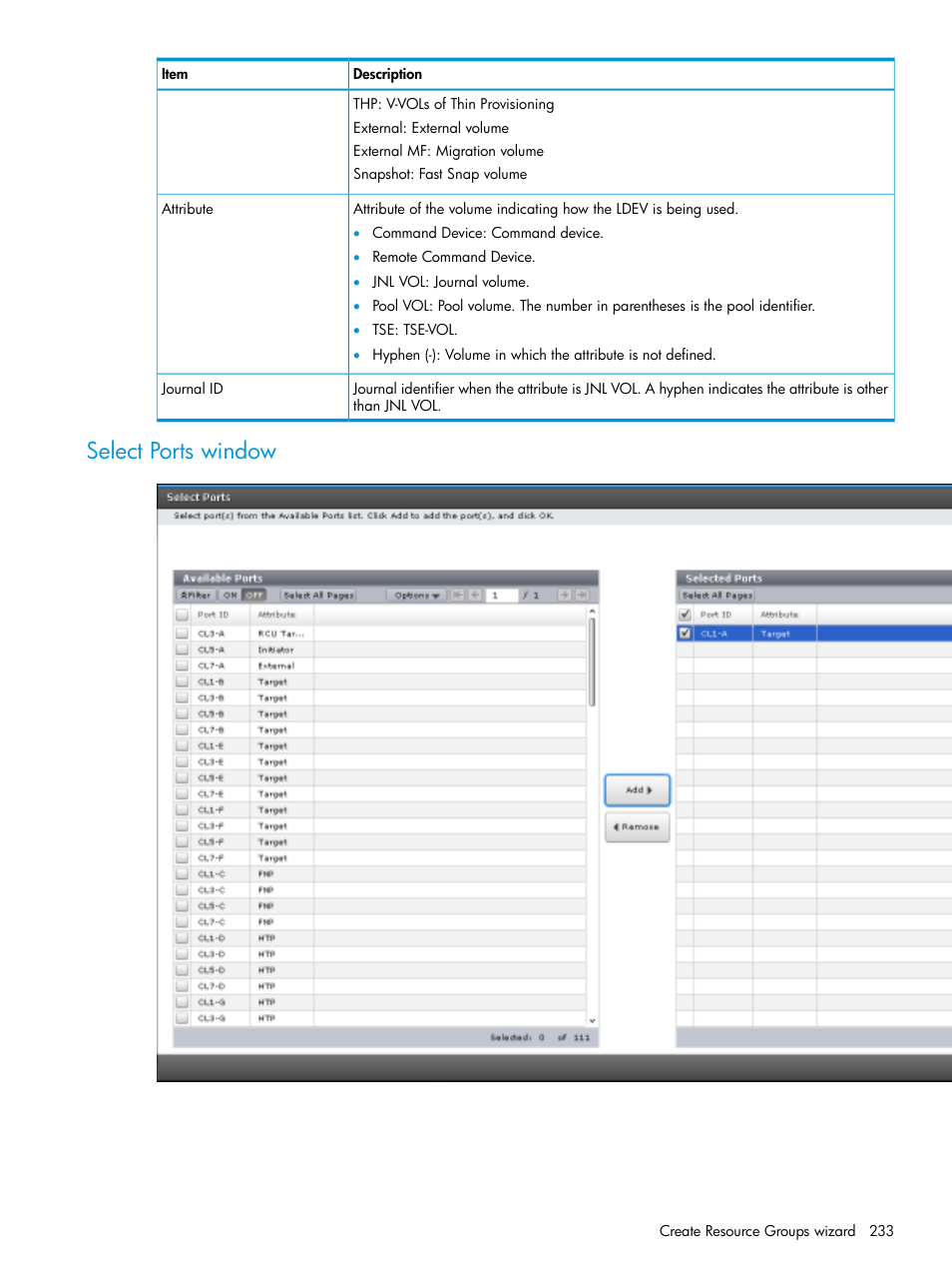 Select ports window | HP XP Racks User Manual | Page 233 / 486