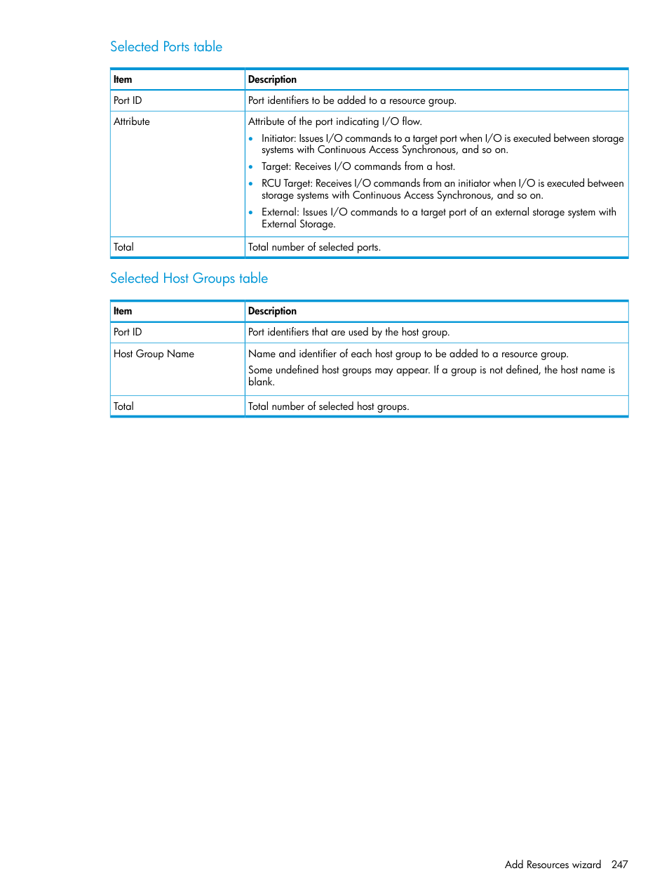 Selected ports table, Selected host groups table | HP XP Racks User Manual | Page 247 / 486