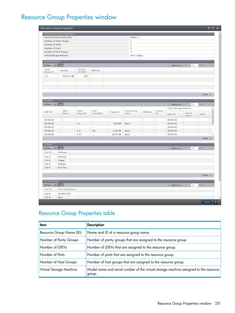 Resource group properties window, Resource group properties table | HP XP Racks User Manual | Page 251 / 486