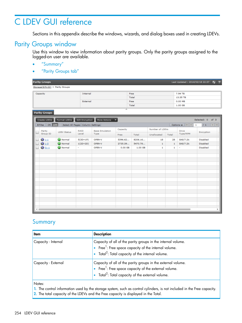 C ldev gui reference, Parity groups window, Summary | HP XP Racks User Manual | Page 254 / 486