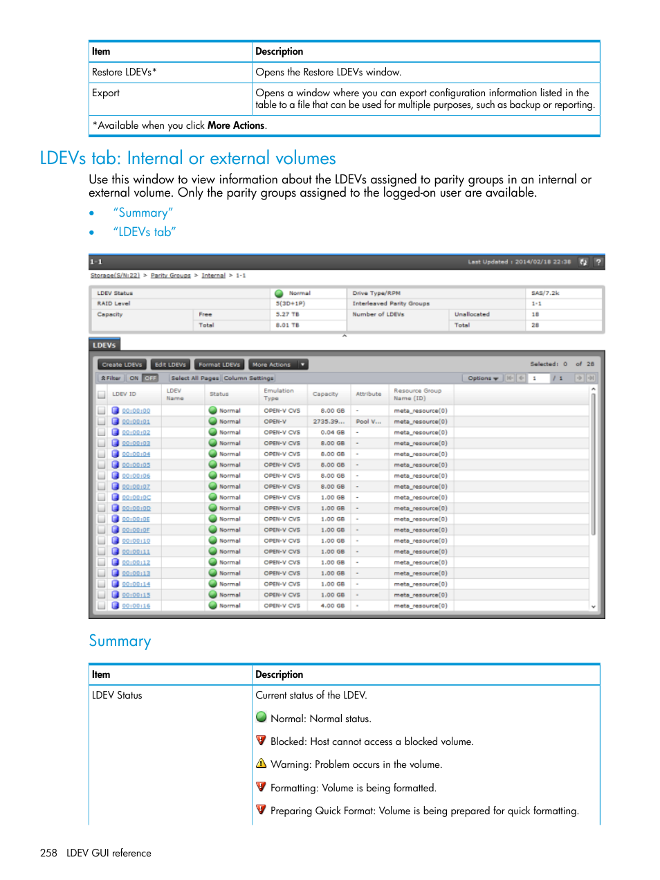 Ldevs tab: internal or external volumes, Summary | HP XP Racks User Manual | Page 258 / 486