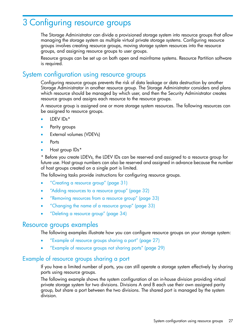 3 configuring resource groups, System configuration using resource groups, Resource groups examples | Example of resource groups sharing a port | HP XP Racks User Manual | Page 27 / 486