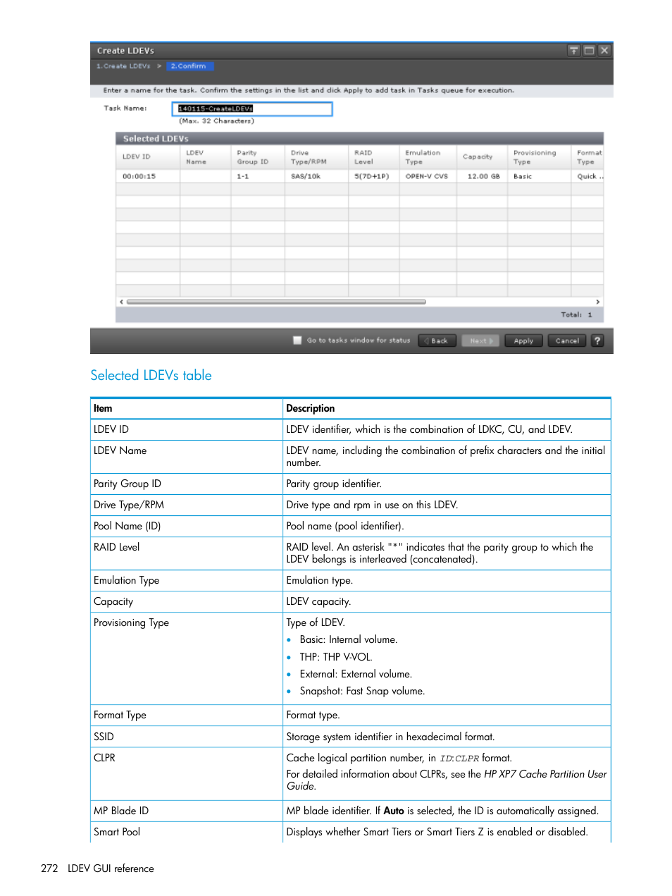 Selected ldevs table | HP XP Racks User Manual | Page 272 / 486