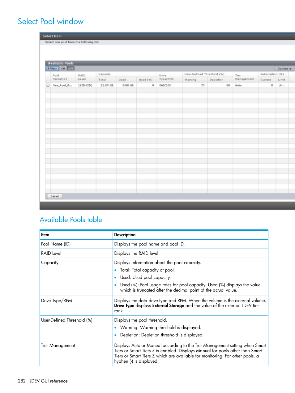 Select pool window, Available pools table | HP XP Racks User Manual | Page 282 / 486