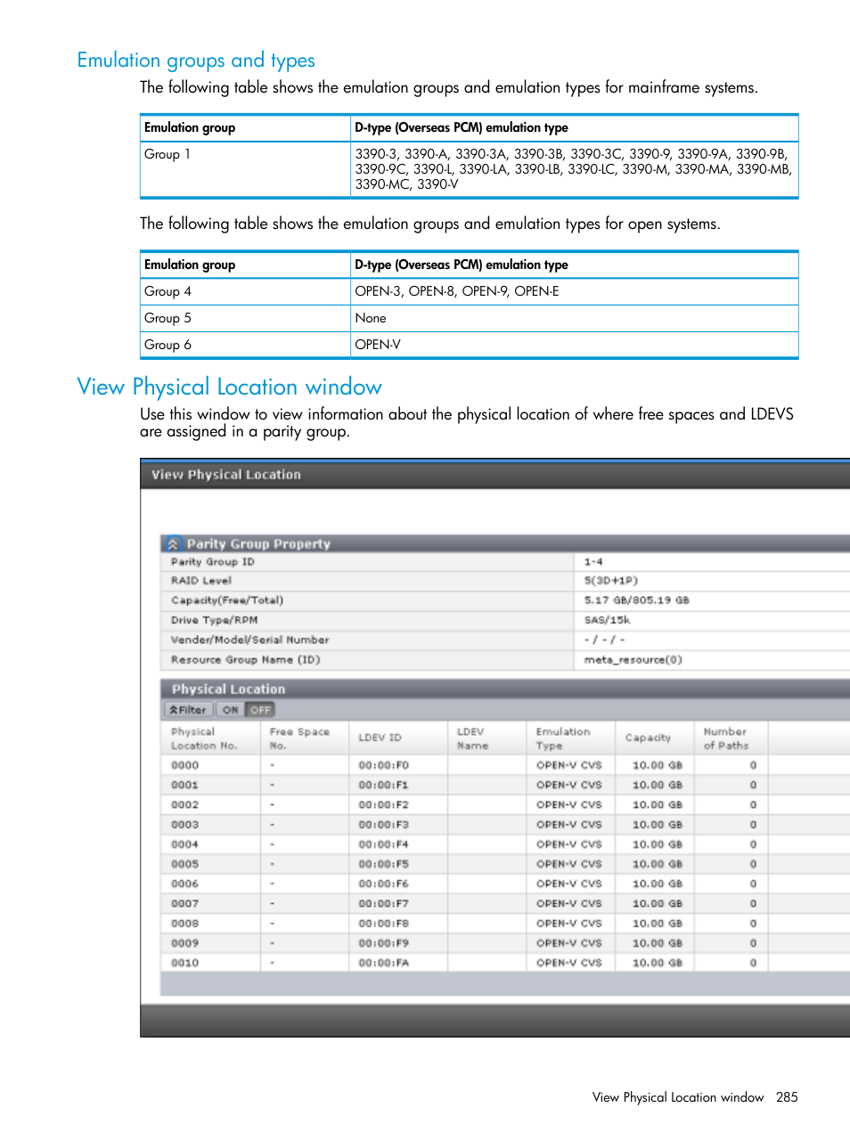Emulation groups and types, View physical location window | HP XP Racks User Manual | Page 285 / 486