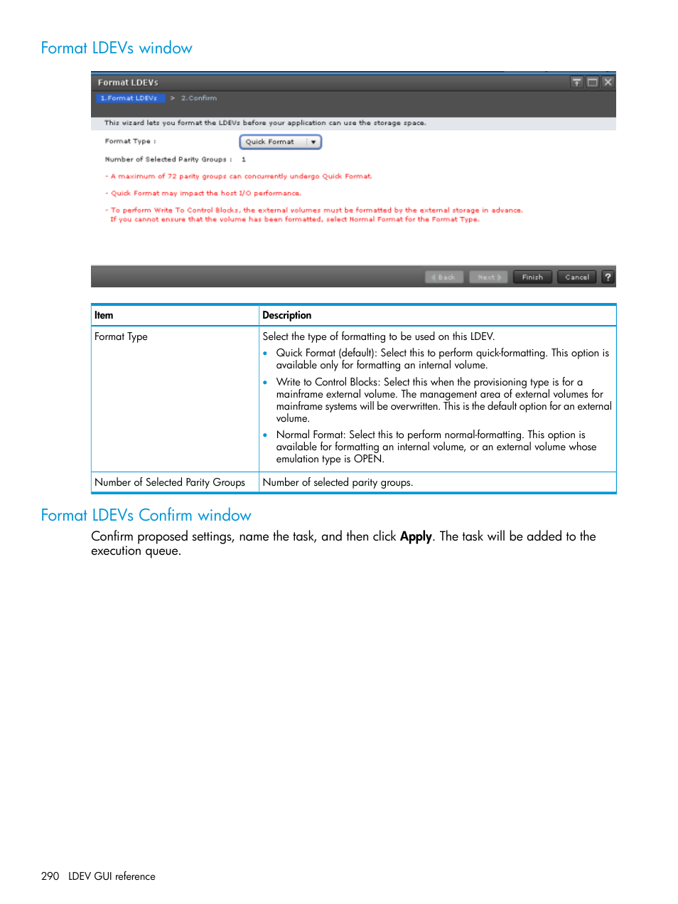 Format ldevs window, Format ldevs confirm window, Format ldevs window format ldevs confirm window | HP XP Racks User Manual | Page 290 / 486